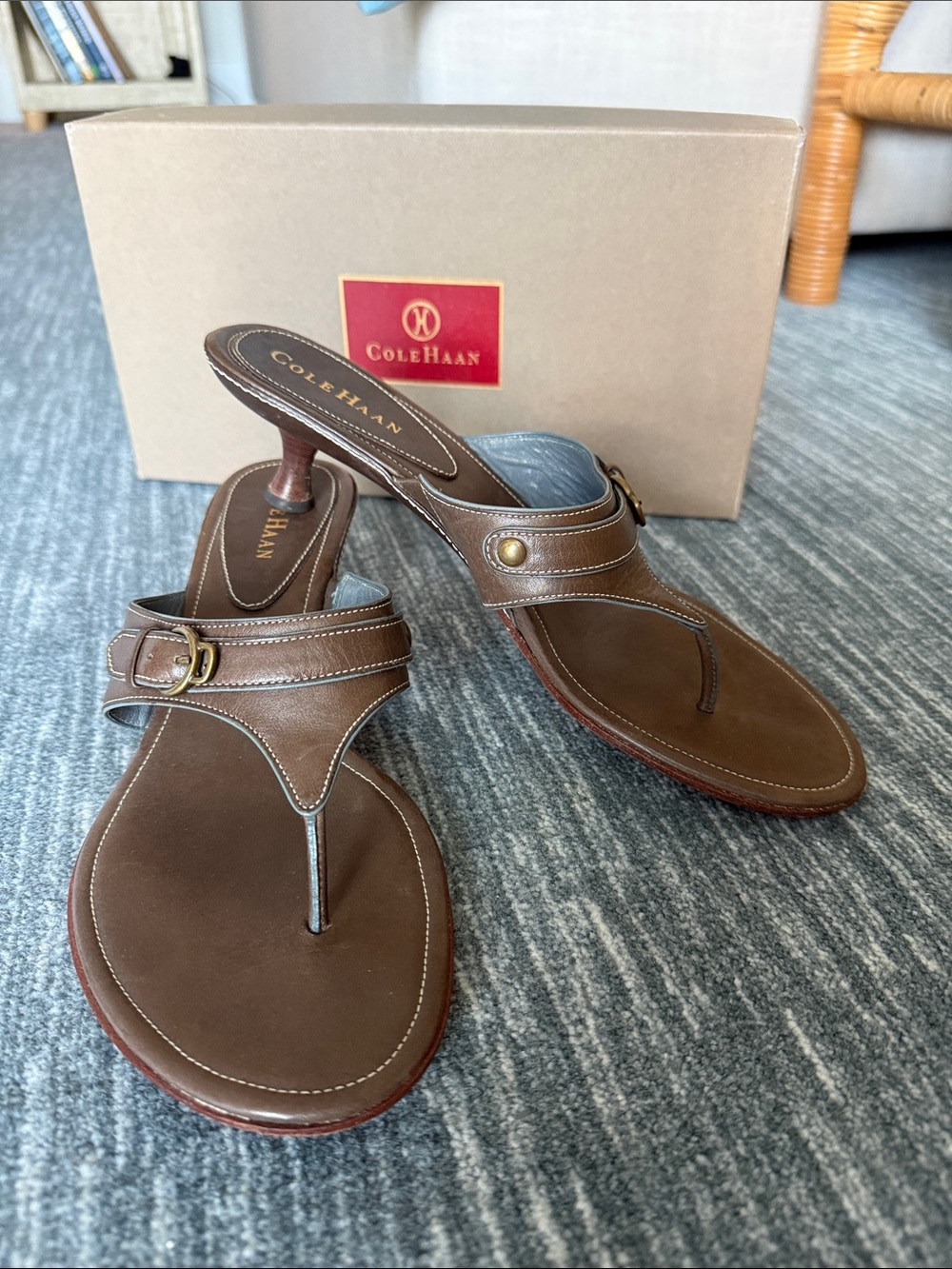 Cole Haan Brown Leather Thong Heeled Sandals
